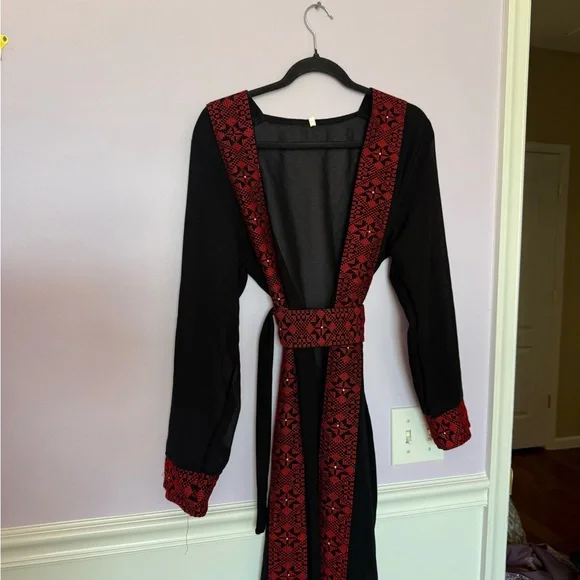 Black Maxi Cardigan Palestinian with Red Embroidered Trim - Picture 6 of 6